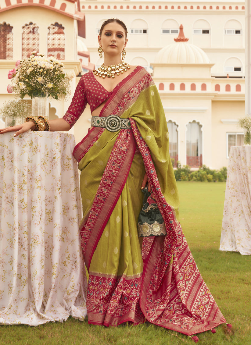 Olive Green Mercerized Silk Designer Saree