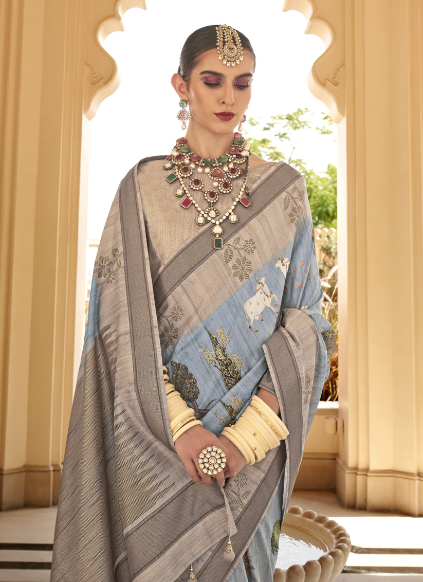 Breeze Blue Raw Silk Bengal Design Saree