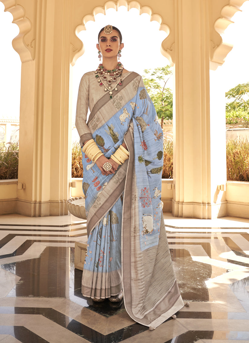 Breeze Blue Raw Silk Bengal Design Saree