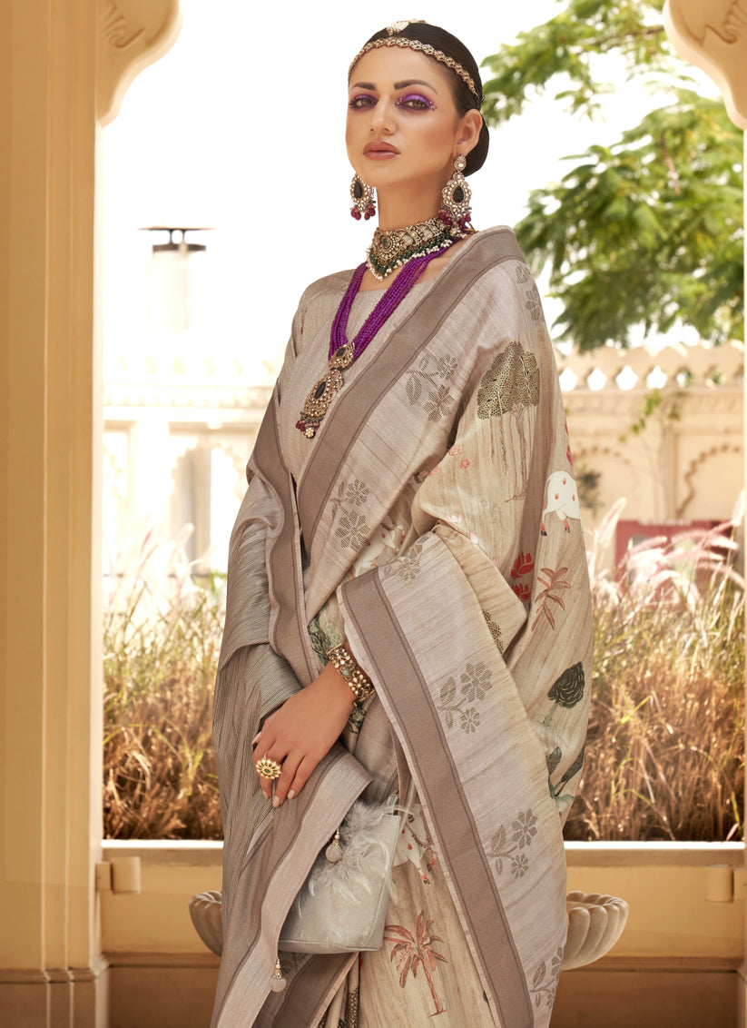 Beige Raw Silk Bengal Design Saree