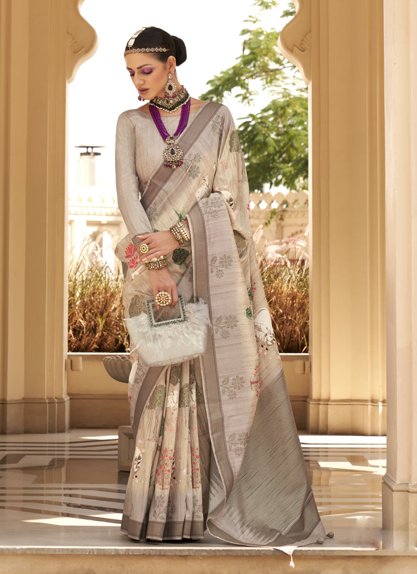 Beige Raw Silk Bengal Design Saree