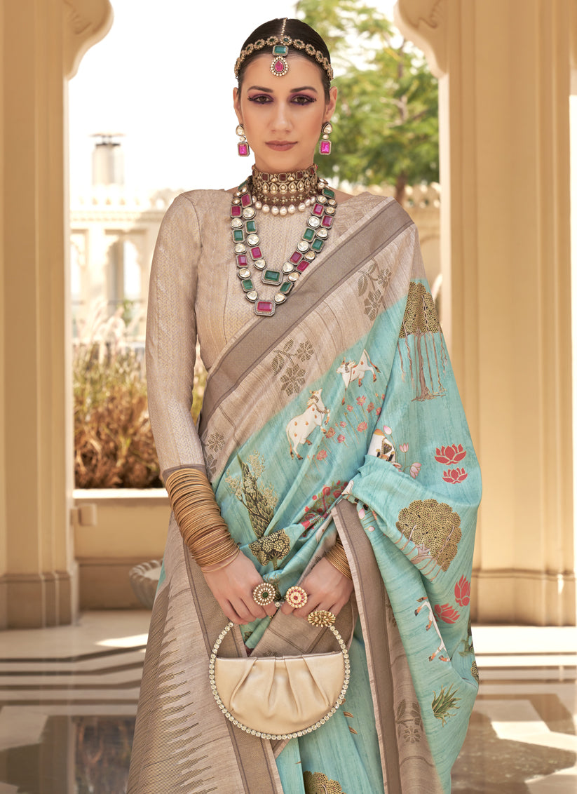 Aqua Mint Raw Silk Bengal Design Saree