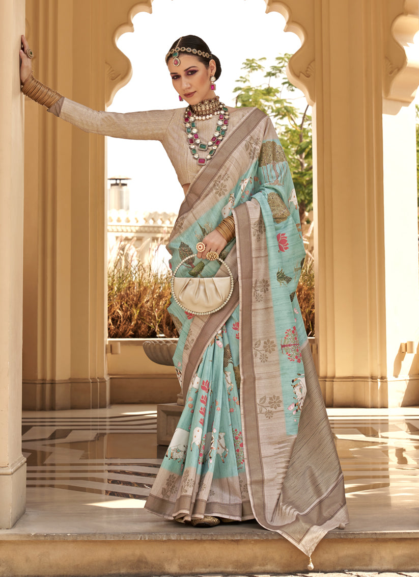 Aqua Mint Raw Silk Bengal Design Saree