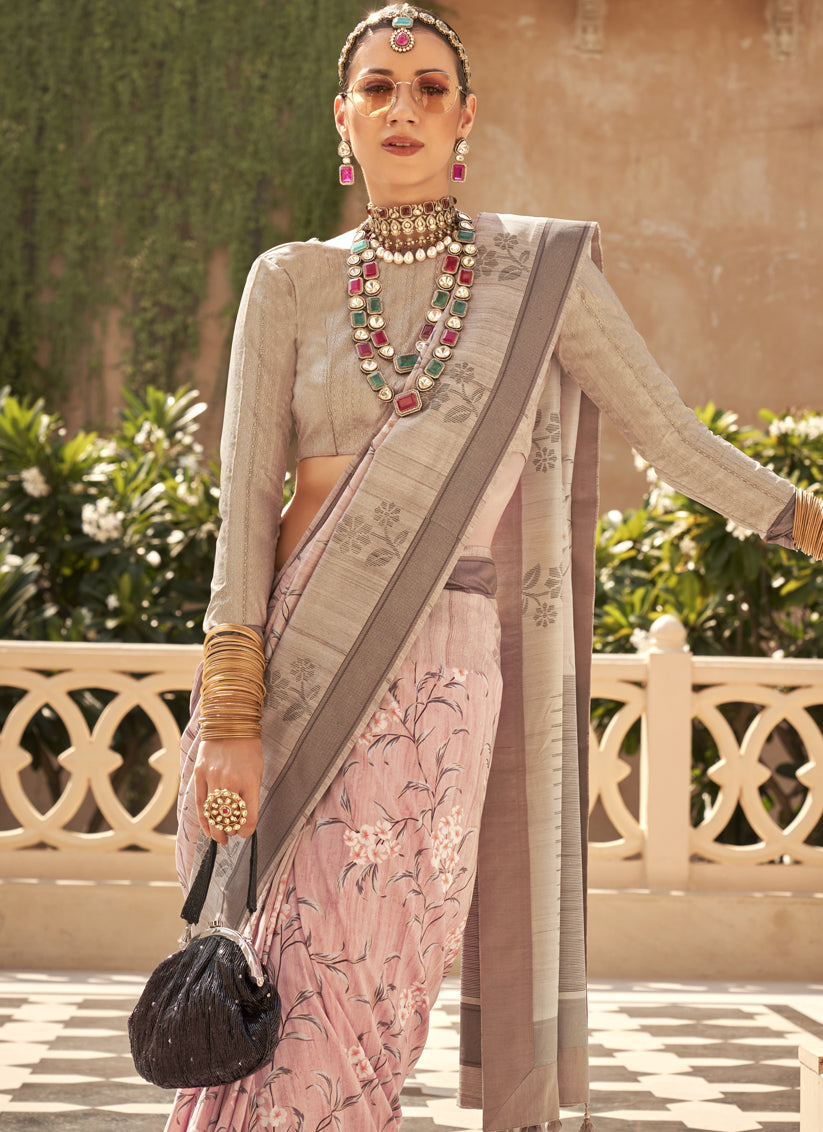 Blush Pink Raw Silk Bengal Design Saree