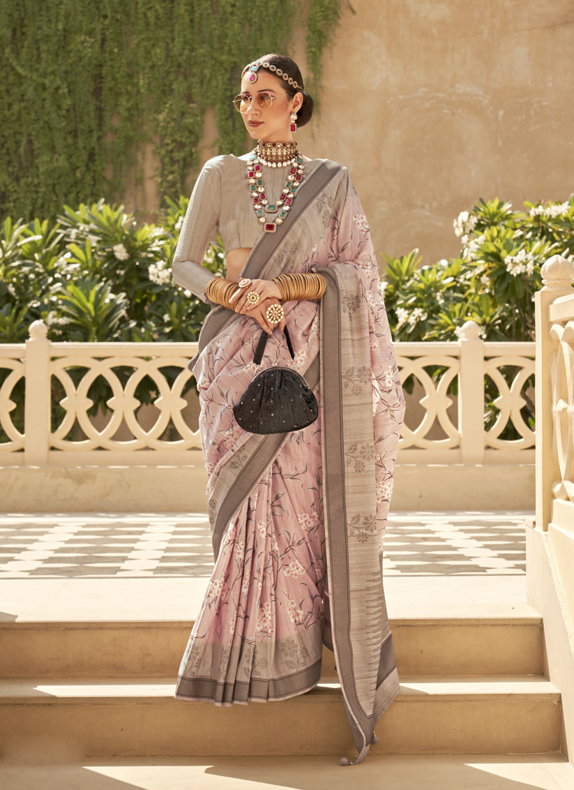 Blush Pink Raw Silk Bengal Design Saree