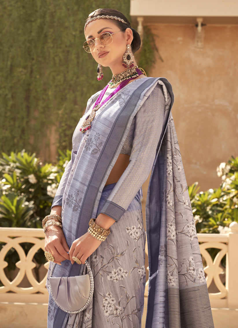 Ash Grey Raw Silk Bengal Design Saree