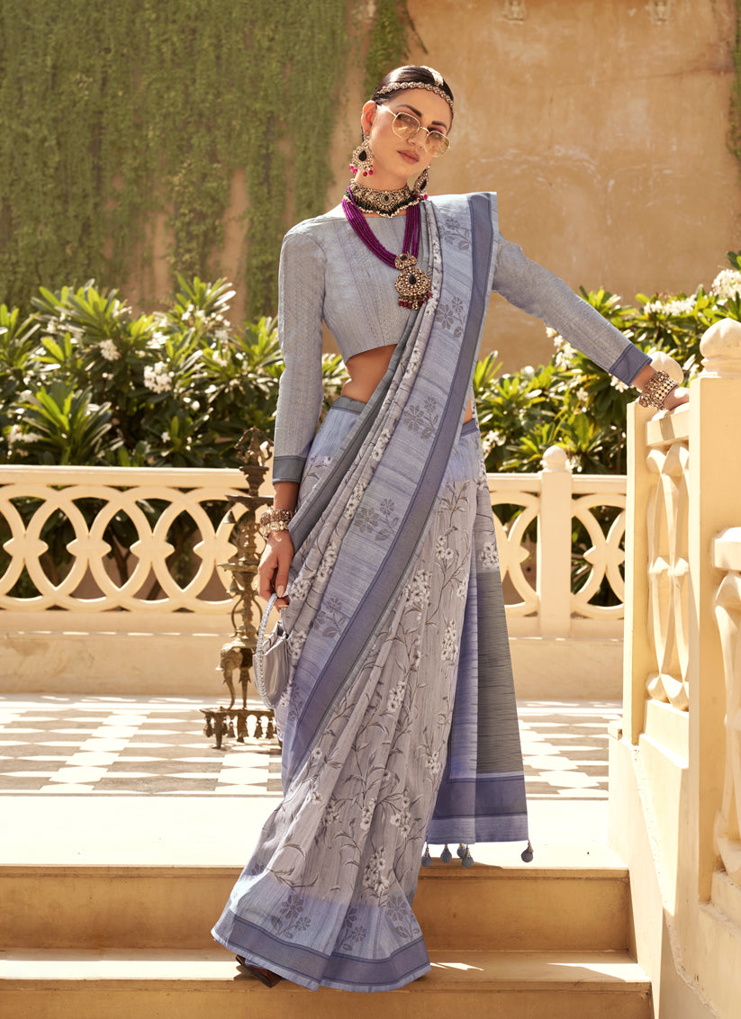 Ash Grey Raw Silk Bengal Design Saree