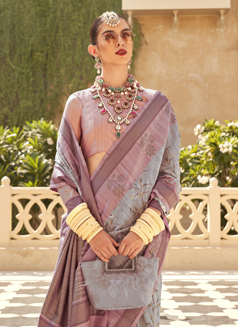 Sky Grey Raw Silk Bengal Design Saree