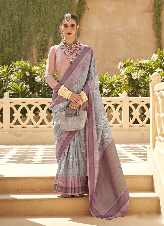 Sky Grey Raw Silk Bengal Design Saree