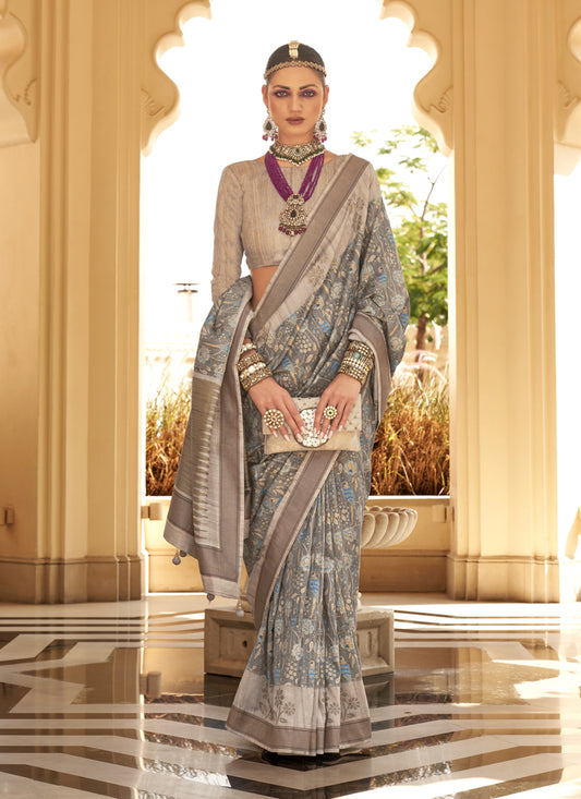 Graphite Grey Raw Silk Bengal Design Saree