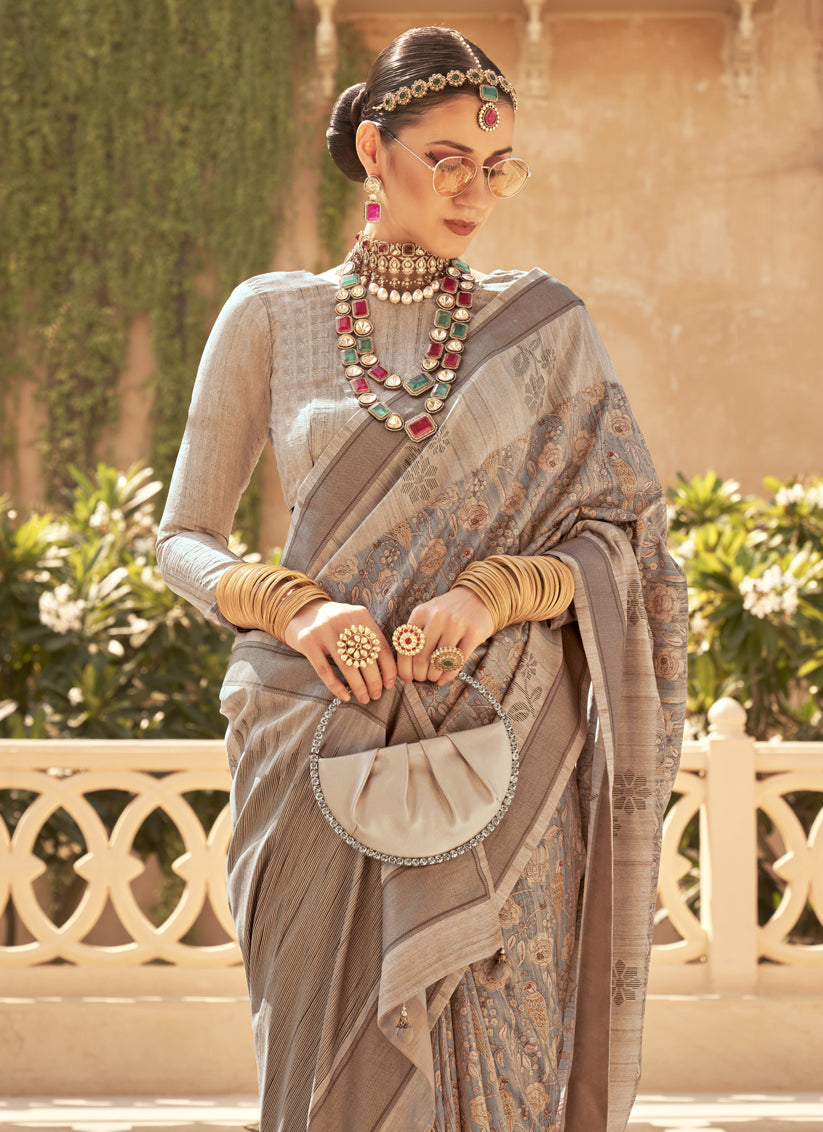 Dusty Grey Raw Silk Bengal Design Saree