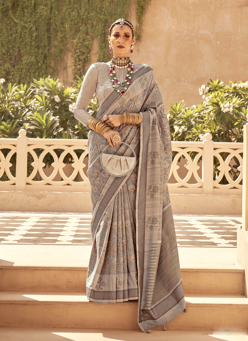 Dusty Grey Raw Silk Bengal Design Saree