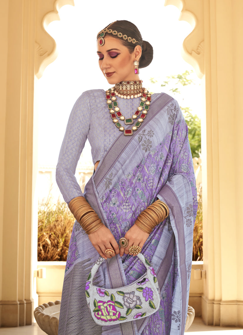 Lilac Raw Silk Bengal Design Saree