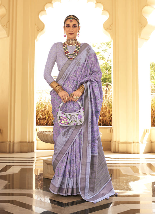 Lilac Raw Silk Bengal Design Saree