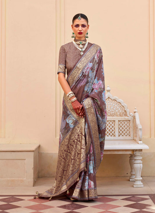 Oak Brown Silk Floral Print Embellished Saree