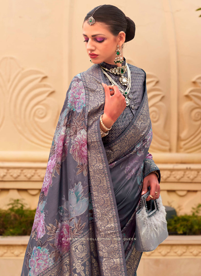 Slate Grey Silk Floral Print Embellished Saree