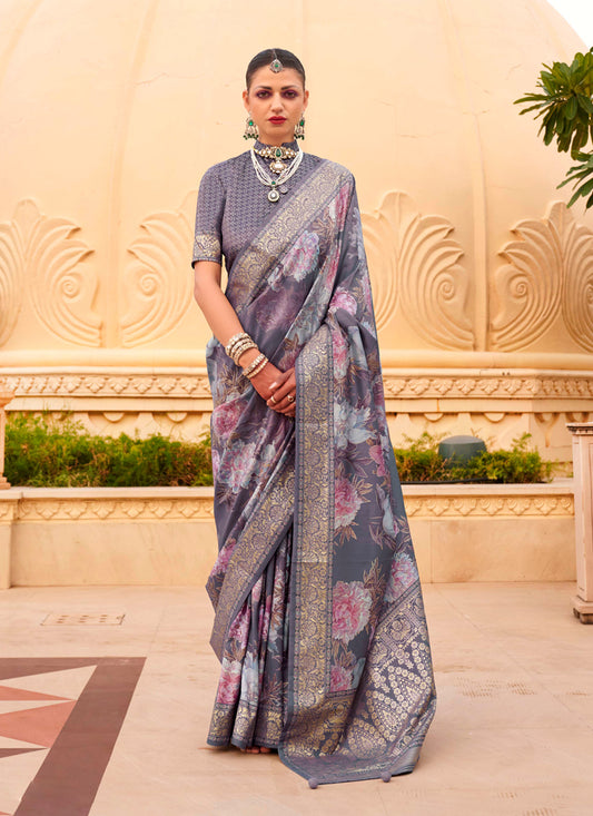 Slate Grey Silk Floral Print Embellished Saree