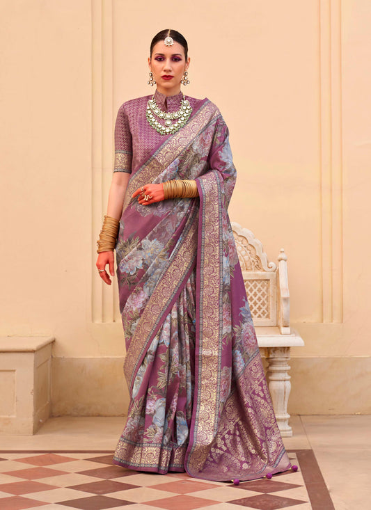 Dusty Mgenta Silk Floral Print Embellished Saree