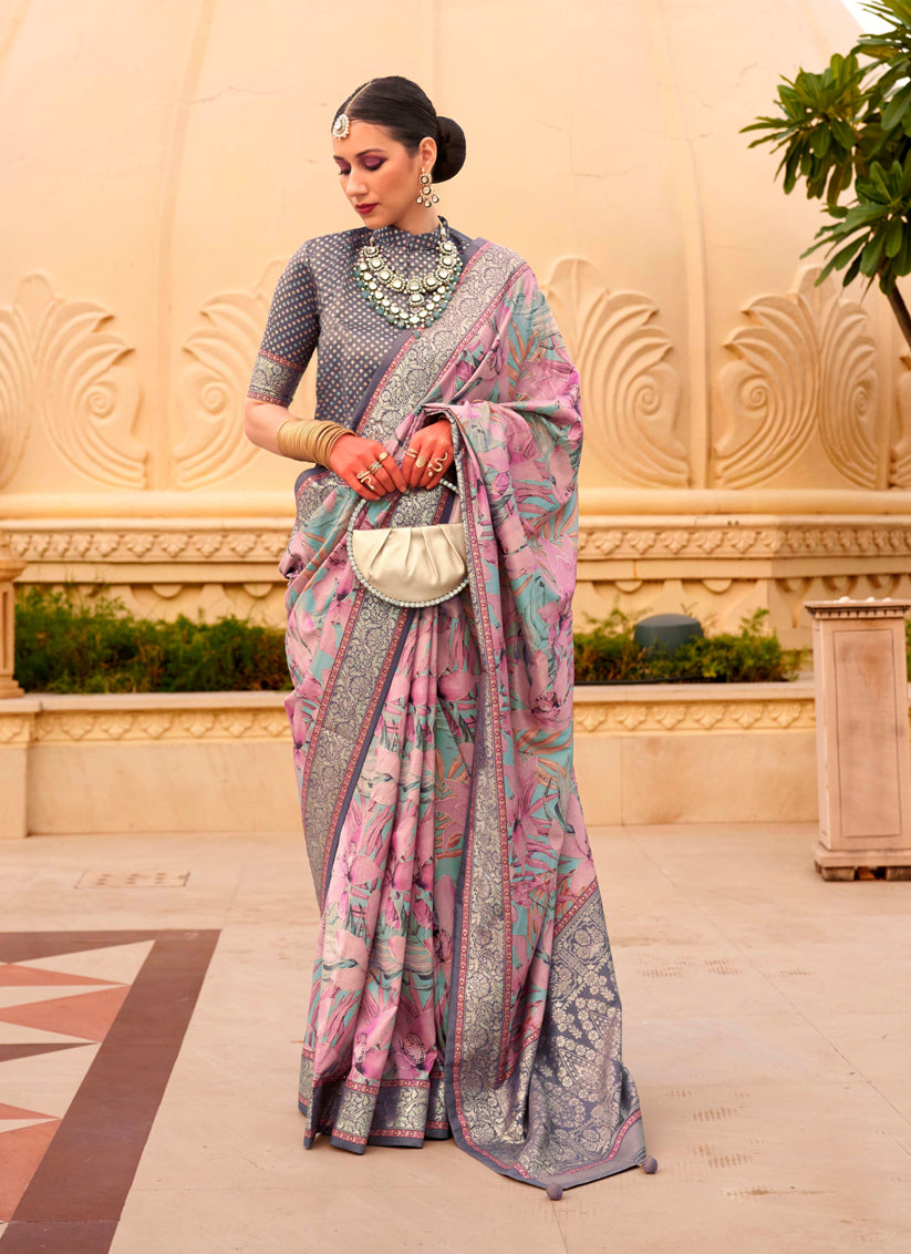 Dusty Pink Silk Floral Print Embellished Saree