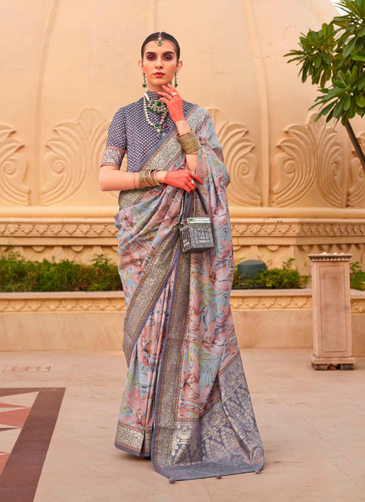 Blush Pink Silk Floral Print Embellished Saree