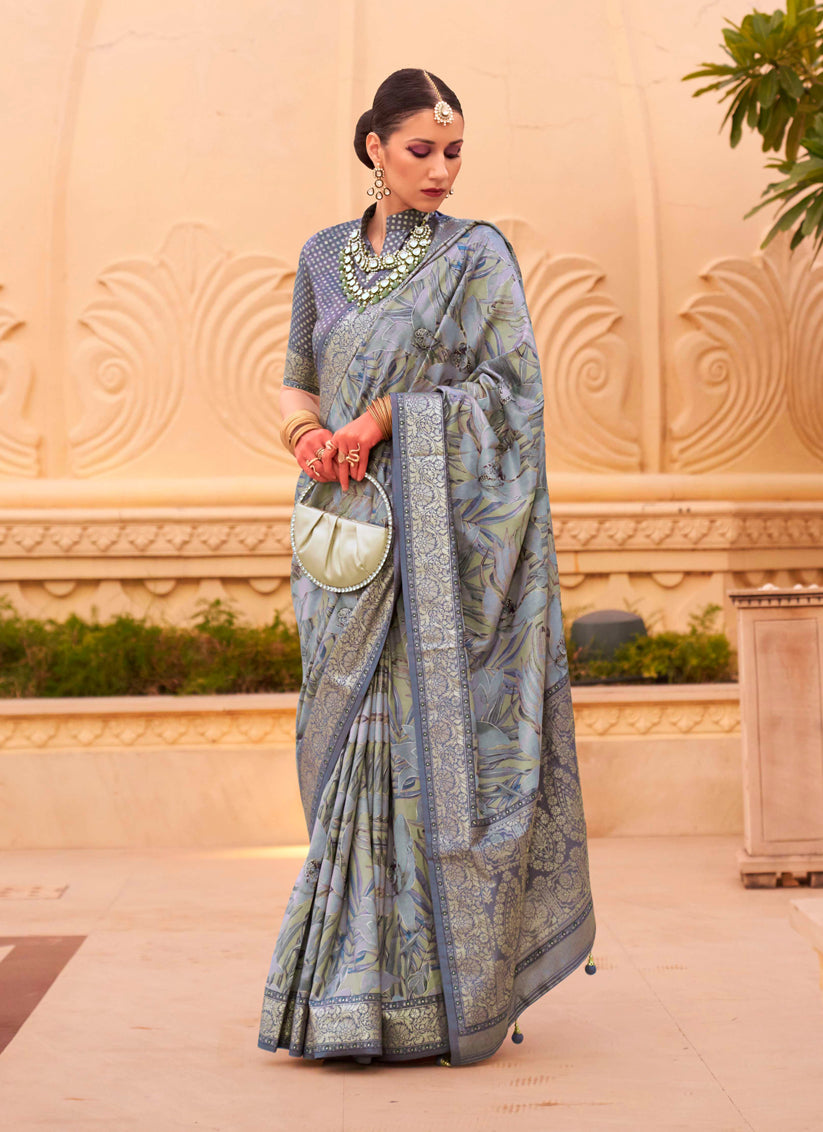 Sky Grey Silk Floral Print Embellished Saree