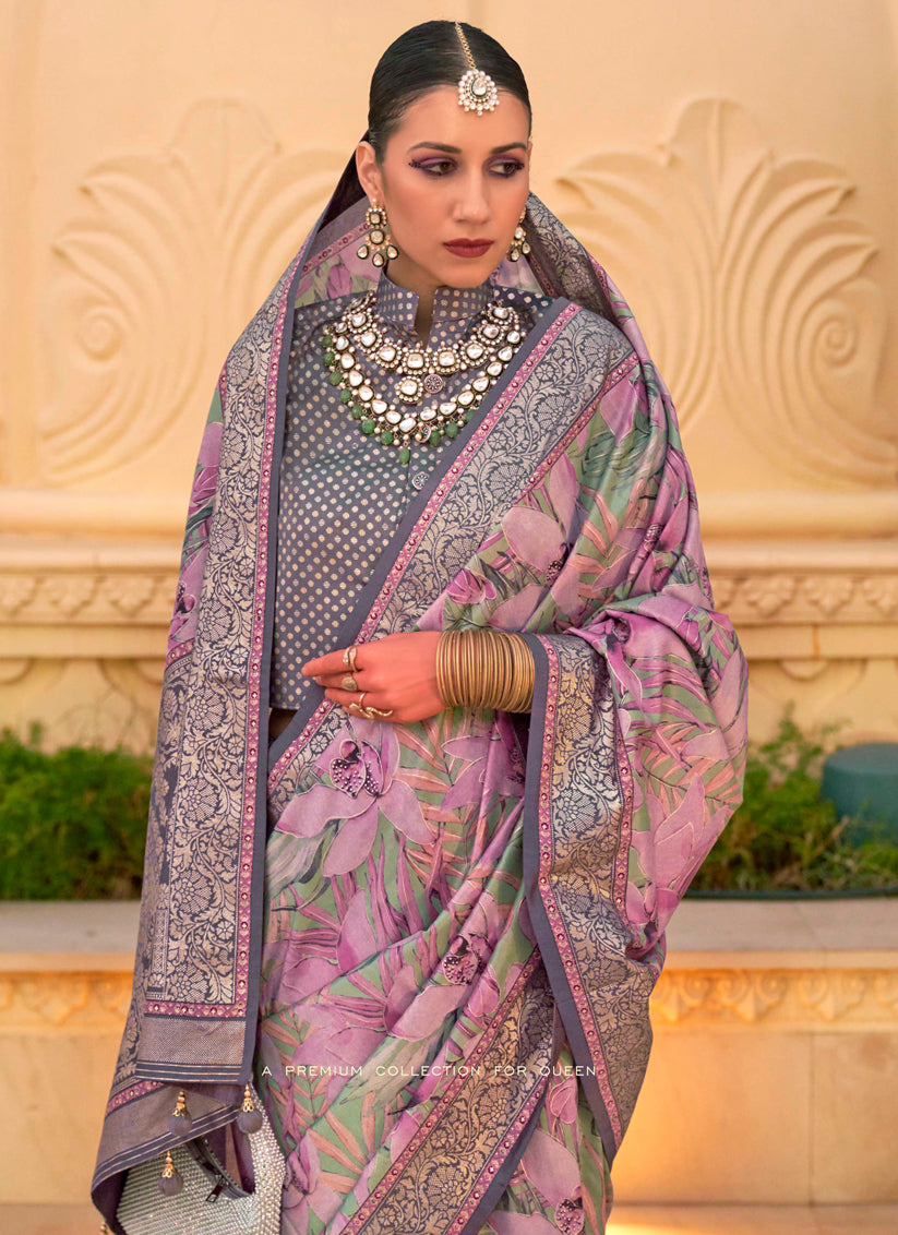 Lilac Pink Silk Floral Print Embellished Saree