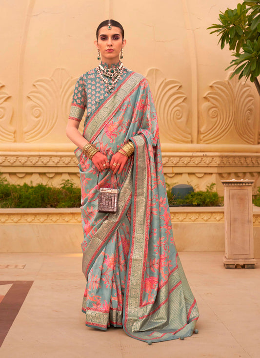 Teal Mint Silk Floral Print Embellished Saree