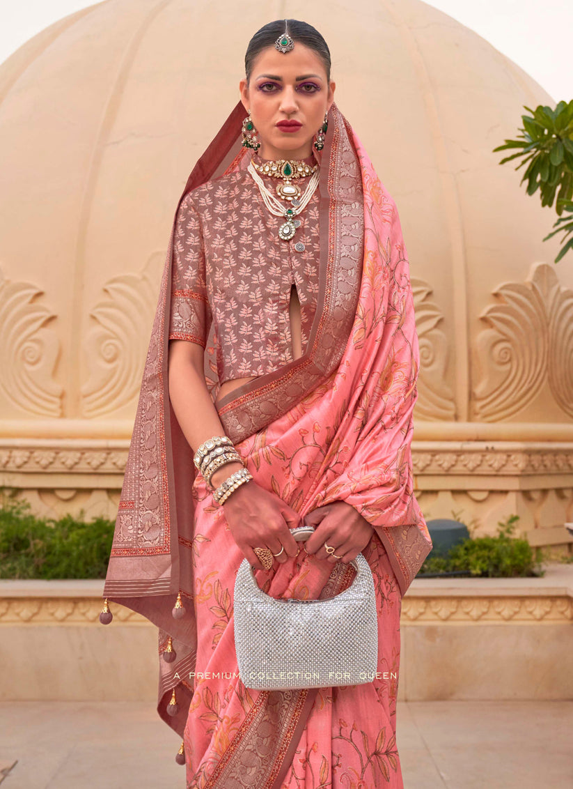 Coral Pink Silk Floral Print Embellished Saree