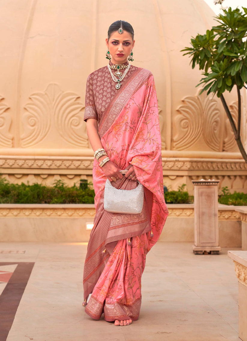 Coral Pink Silk Floral Print Embellished Saree