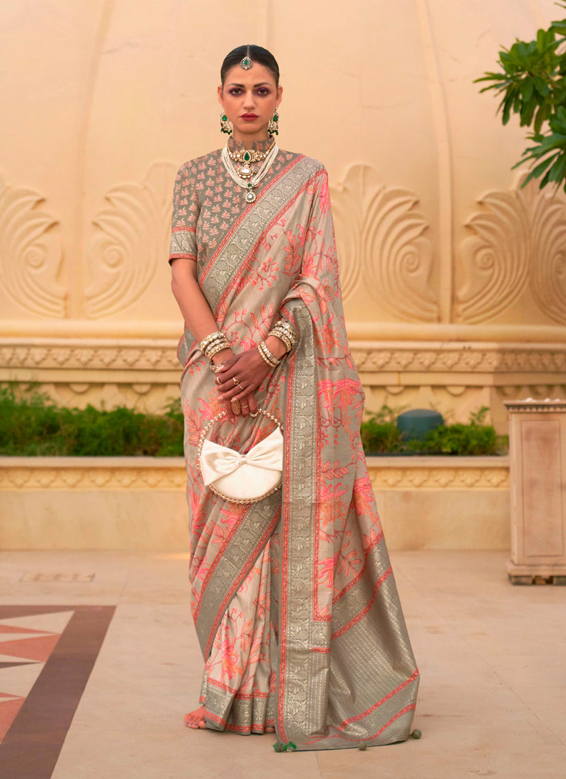 Dusty Cream Silk Floral Print Embellished Saree