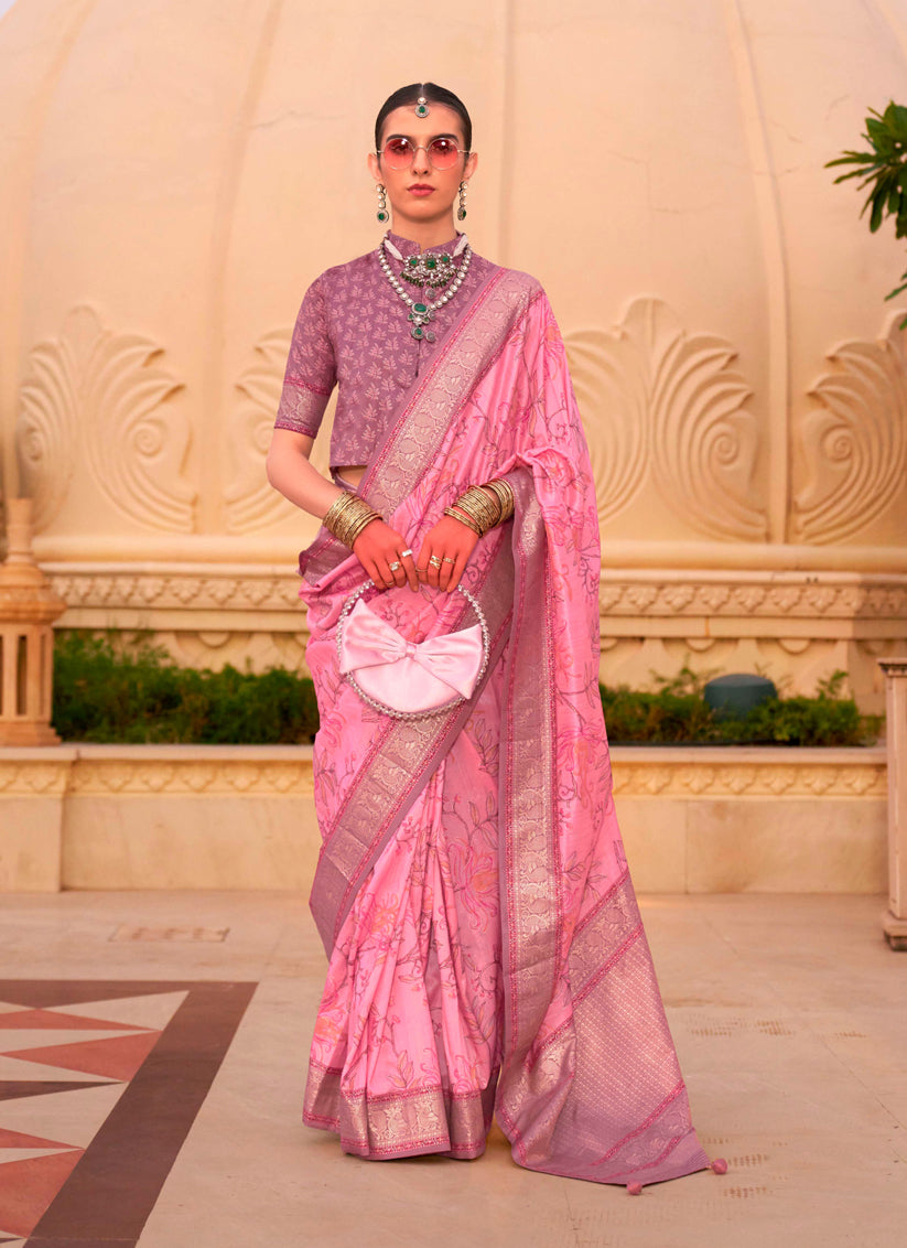 Carnation Pink Silk Floral Print Embellished Saree