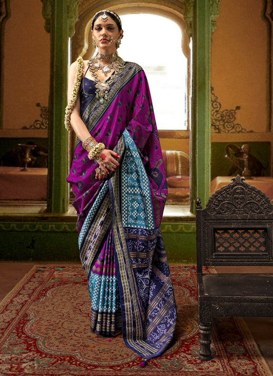 Magenta Mercerized Silk Embellished Saree For Festival