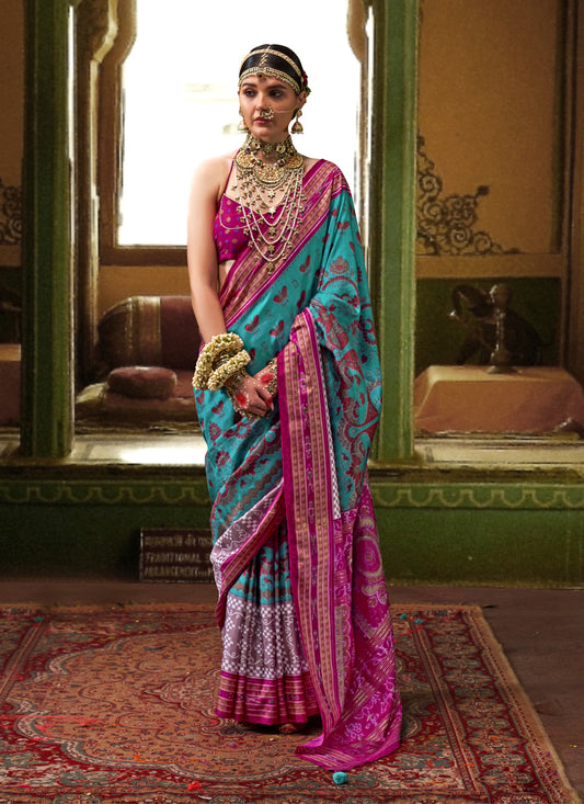 Firozi Mercerized Silk Embellished Saree For Festival