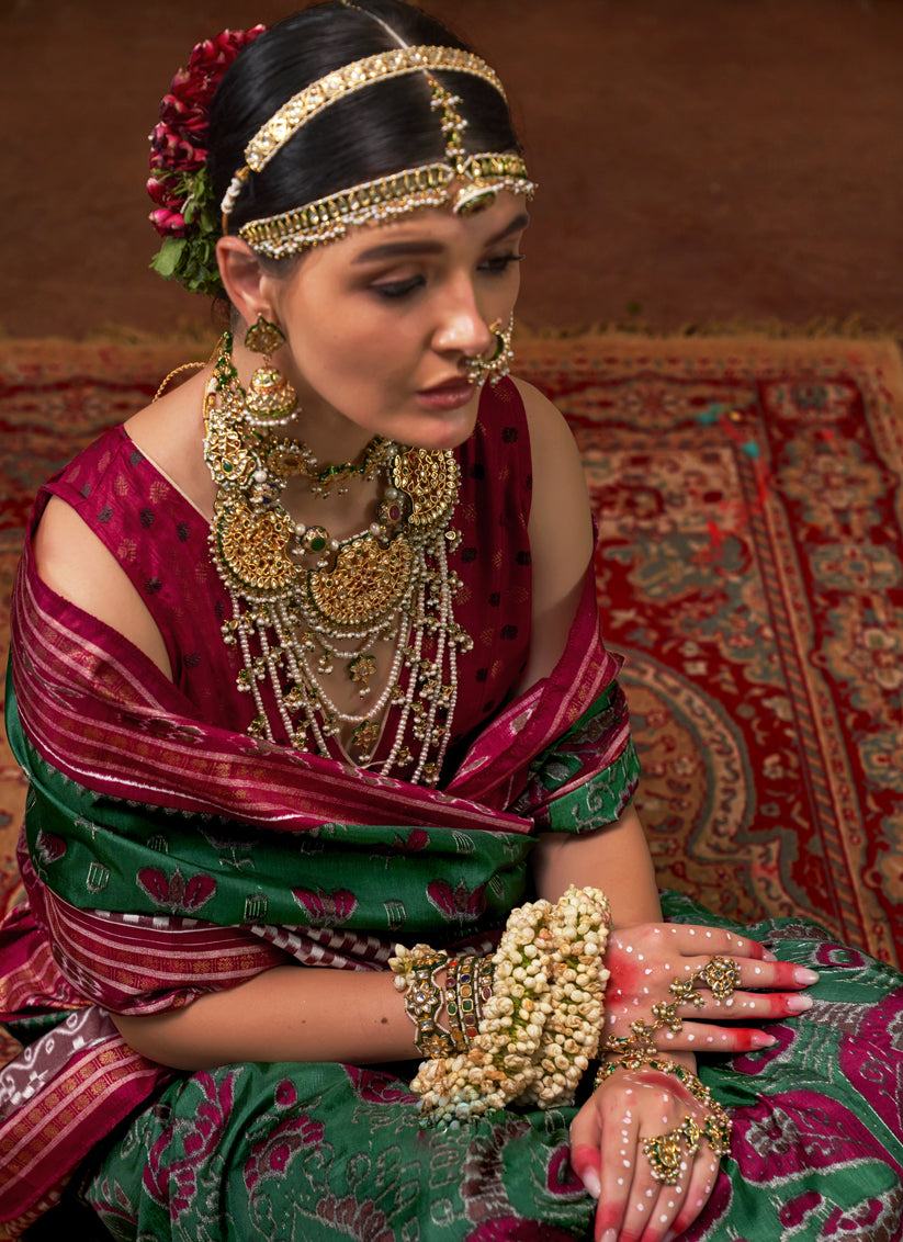 Emerald Green Mercerized Silk Embellished Saree For Festival