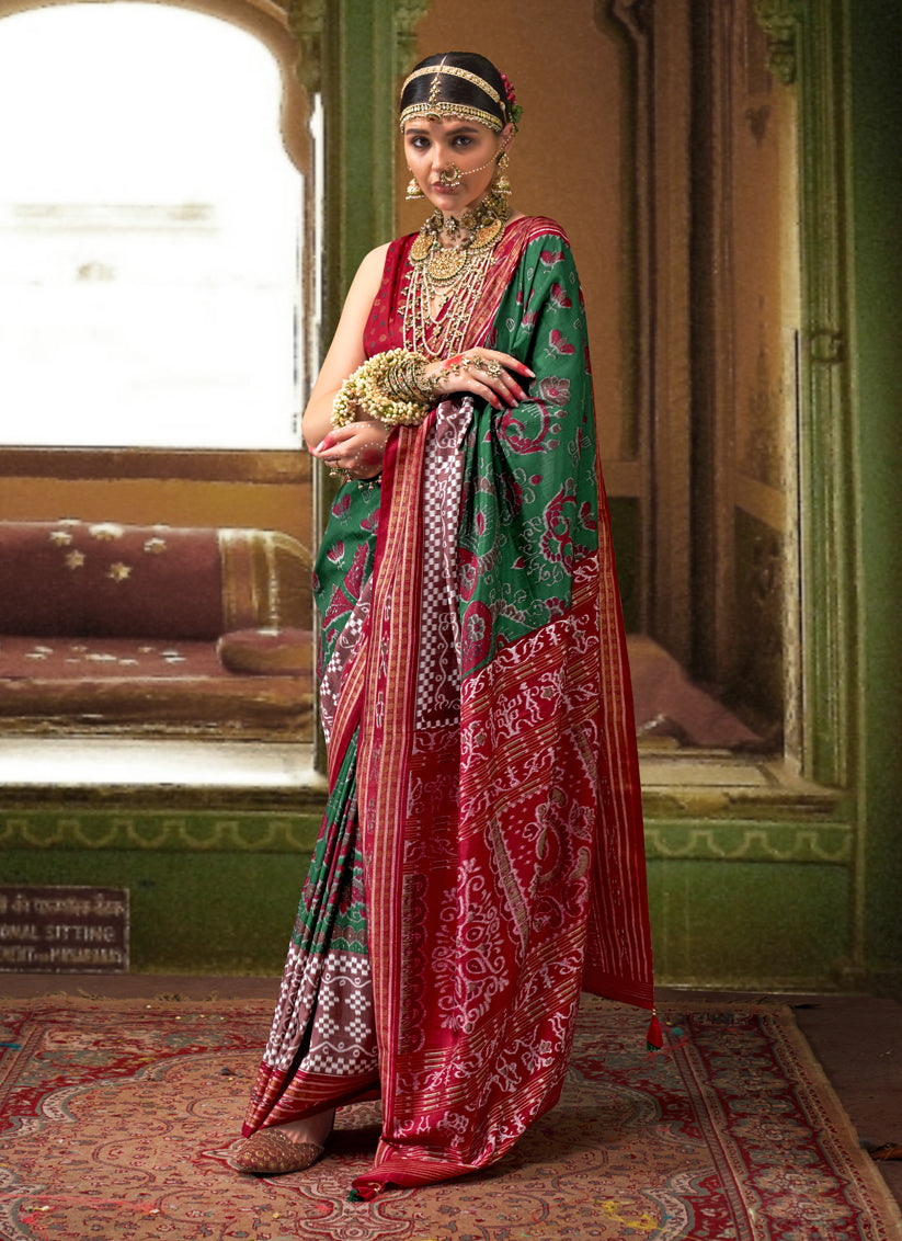 Emerald Green Mercerized Silk Embellished Saree For Festival