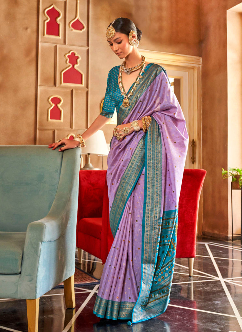 Lilac Silk Sambalpuri Print Saree for Festival