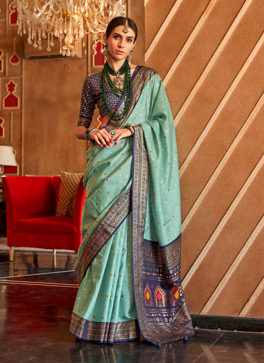 Mint Blue Silk Sambalpuri Print Saree for Festival