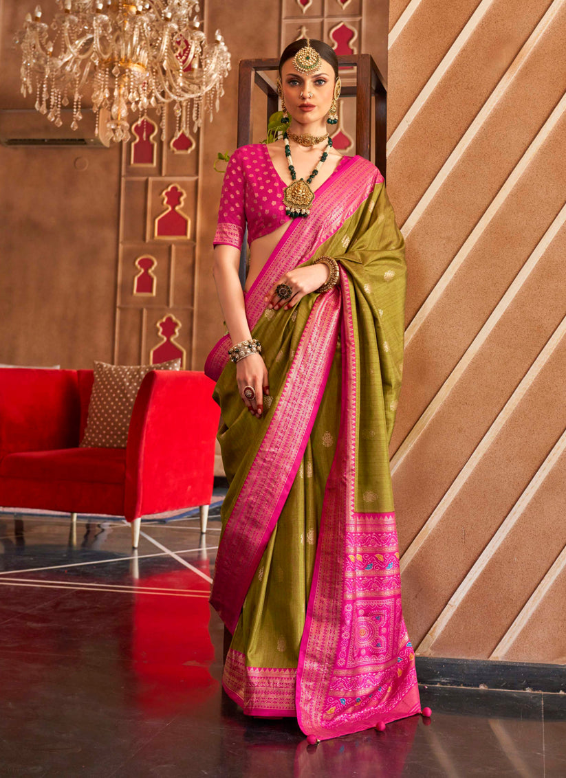 Olive Green Silk Sambalpuri Print Saree for Festival