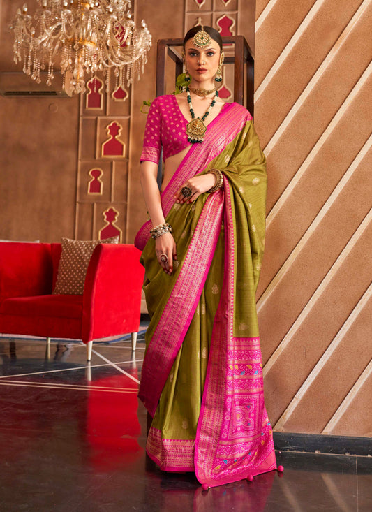 Olive Green Silk Sambalpuri Print Saree for Festival