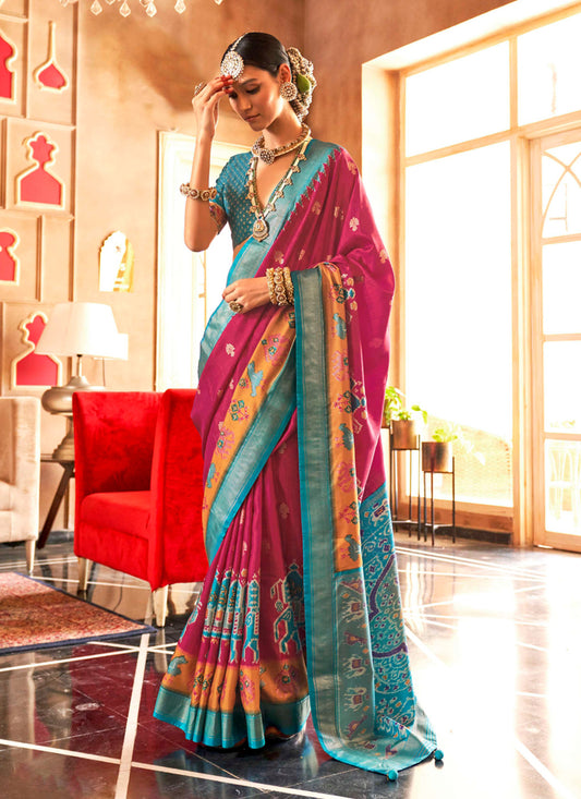 Raspberry Pink Silk Sambalpuri Print Saree for Festival