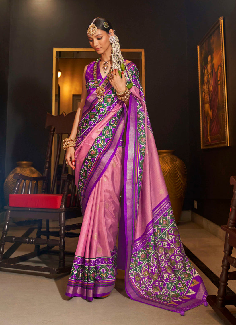 Carnation Pink Silk Patola Saree for Festival