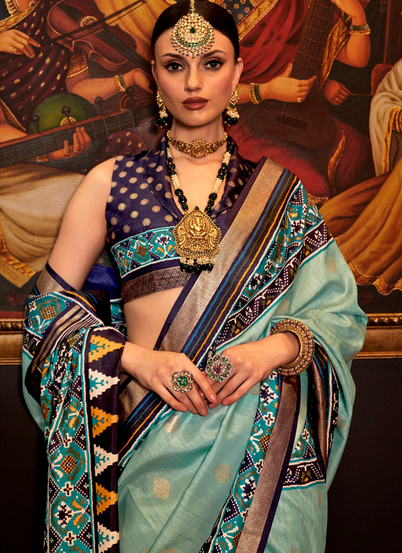 Mint Blue Silk Patola Saree for Festival