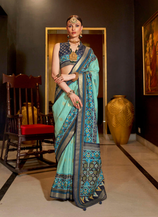 Mint Blue Silk Patola Saree for Festival