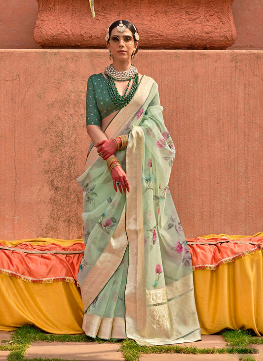 Pastel Green Organza Silk Embellished Floral Print Saree