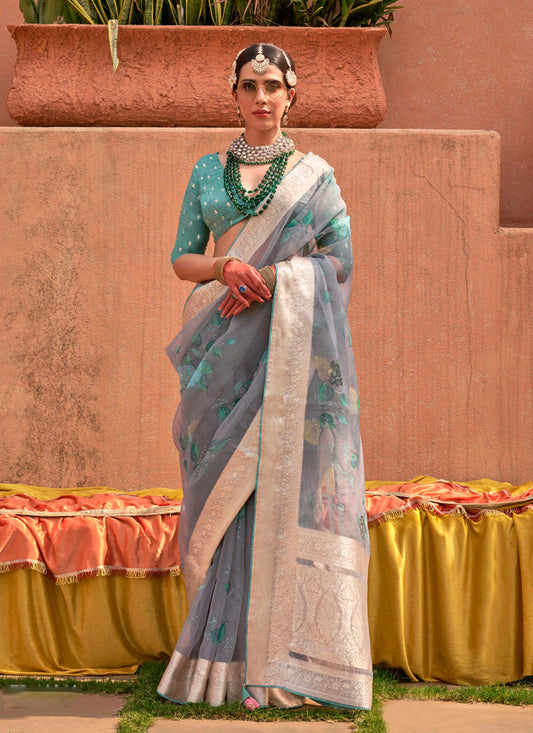 Smoke Grey Organza Silk Embellished Floral Print Saree