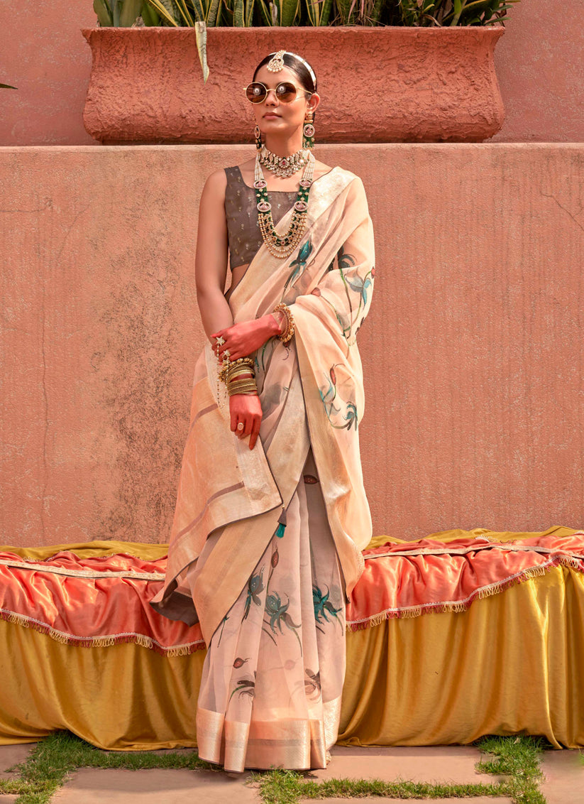 Ivory Organza Silk Embellished Floral Print Saree