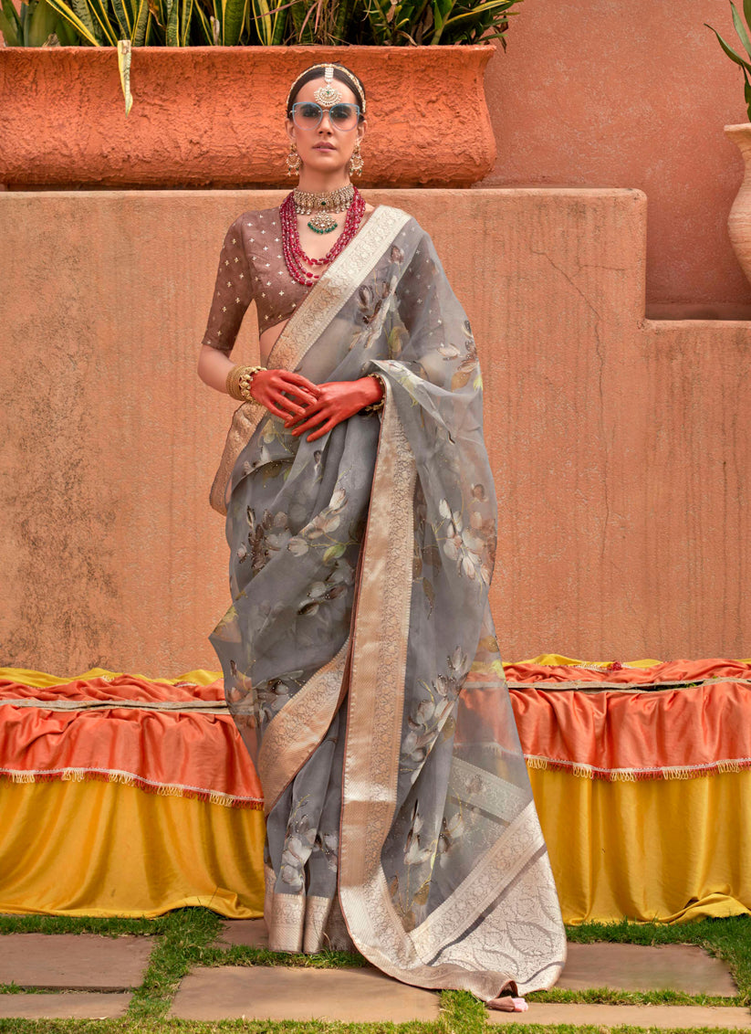 Smoke Grey Organza Silk Embellished Floral Print Saree