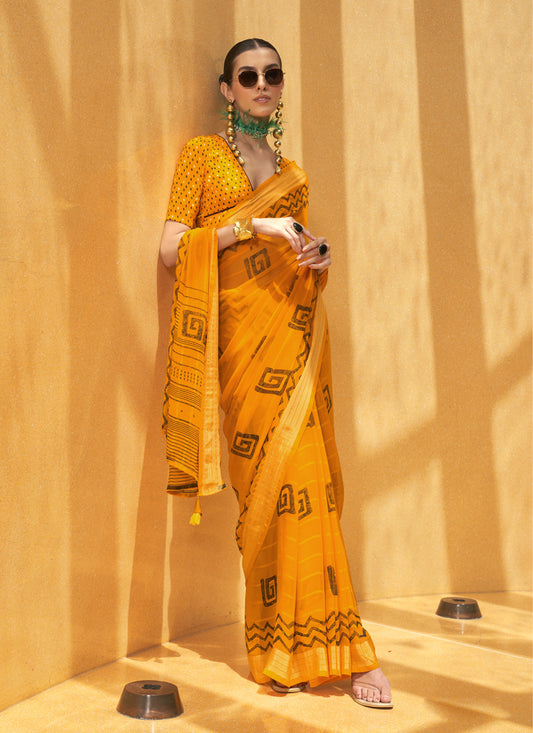 Golden Yellow Georgette Foil Print Saree For Festival