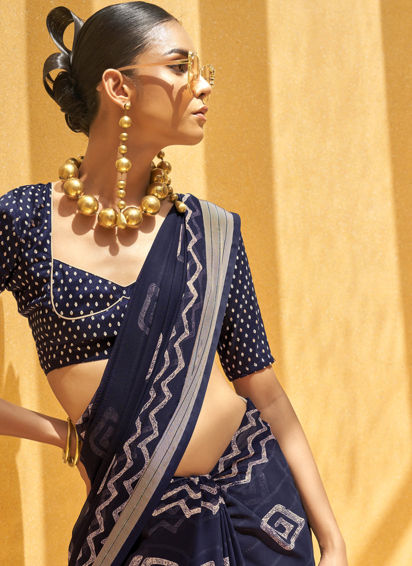 Midnight Blue Georgette Foil Print Saree For Festival