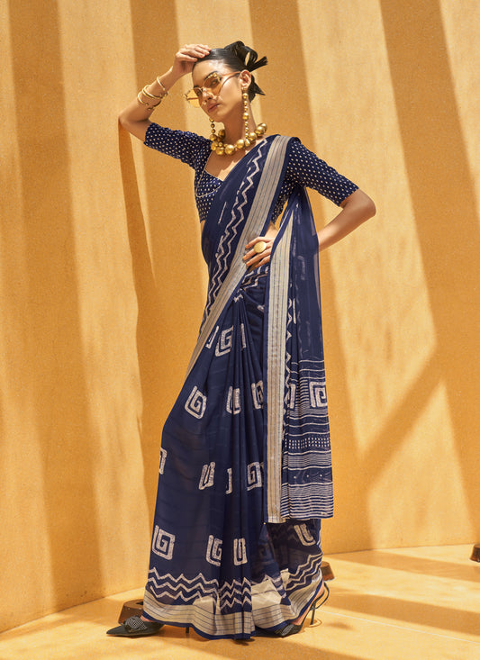 Midnight Blue Georgette Foil Print Saree For Festival